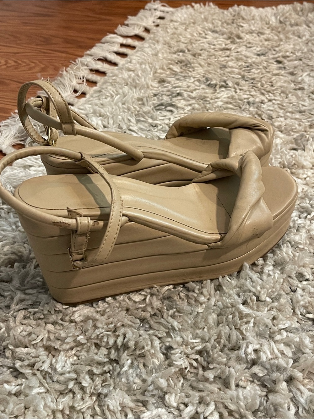 Beige Platform Wedge Sandals with Knotted Strap made in Brazil